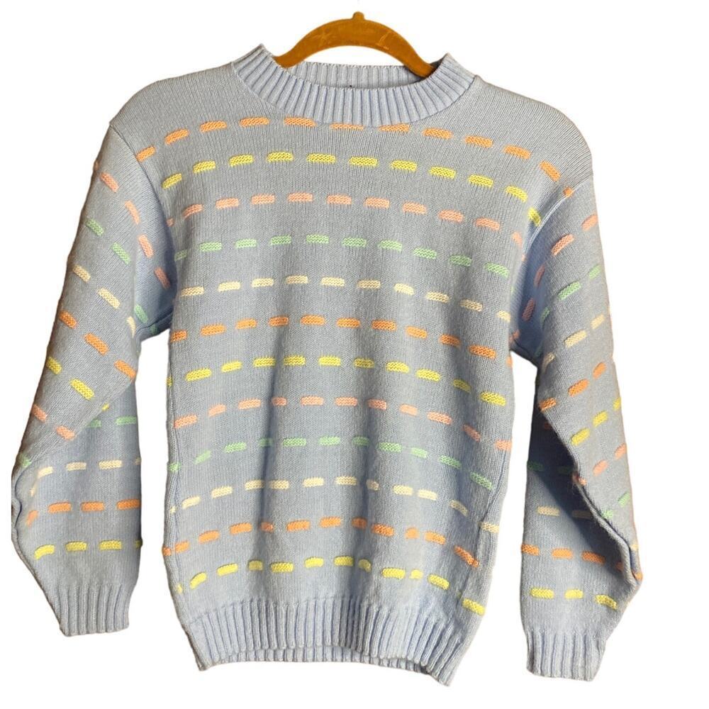 VINTAGE Blue 90s Rainbow Sweater Small